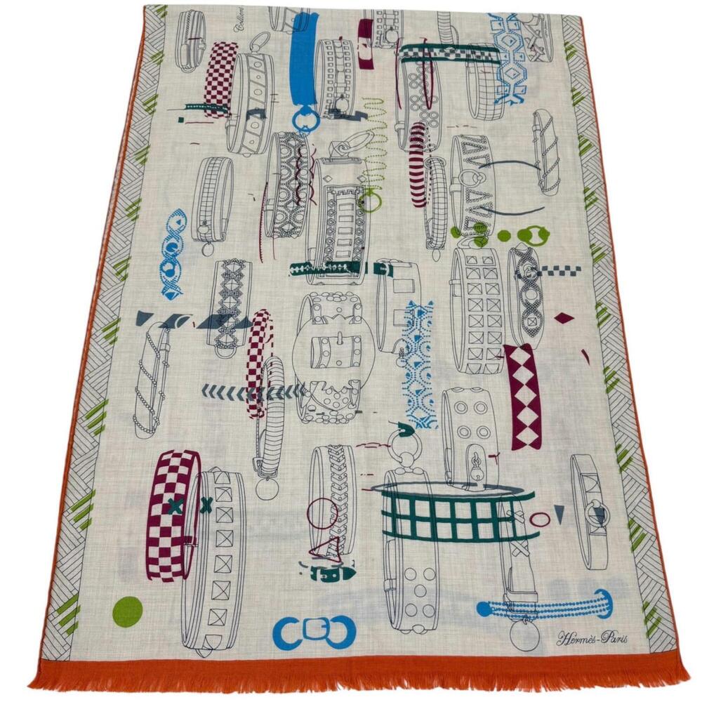 HERMES Rectangle Colliers de Chiens Imprimeur Fou Cashmere Silk Large Shawl S...